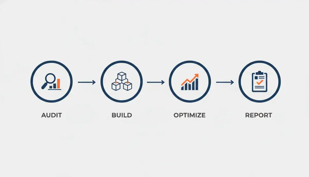 White Dolphin's four-stage Google Ads management process for Toronto businesses: audit, build, optimize and report