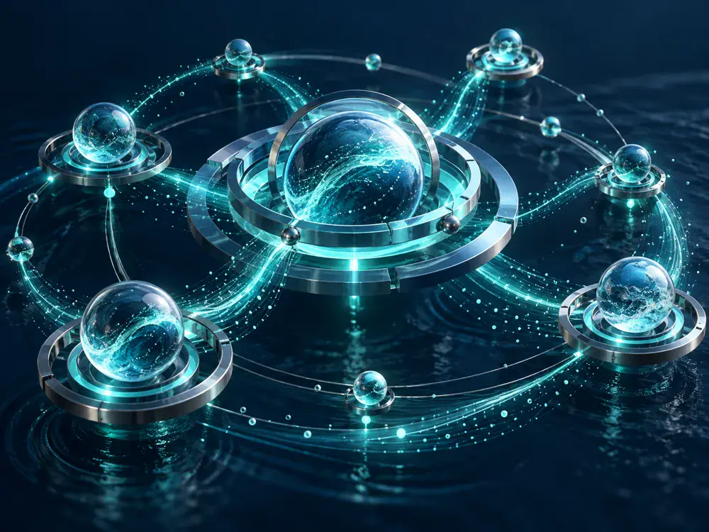 Sea-glass nodes connected by aqua data trails